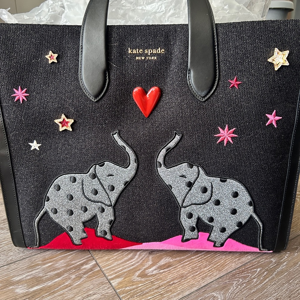 Kate Spade Black Tote with Gray Elephants and Red Heart